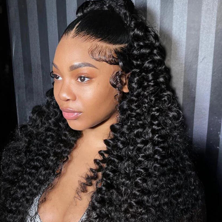 Glueless Deep Wave Human Hair Clear Transparent Lace Front/Closure Wig Natural Black  - Amanda Hair