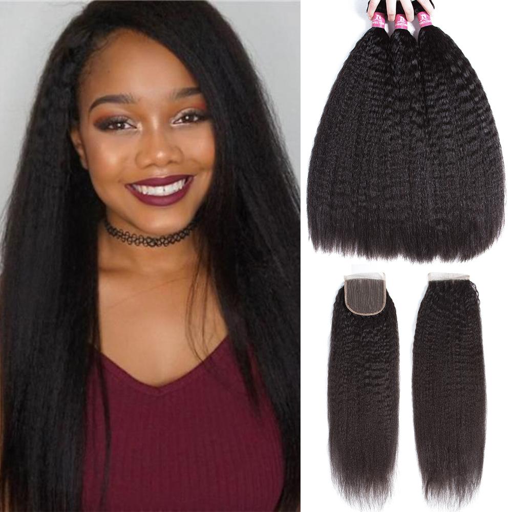 Brazilian Kinky Straight 3 Bundles With 4*4 Lace Closure 10A Grade 100% Remi Human Hair - Amanda Hair
