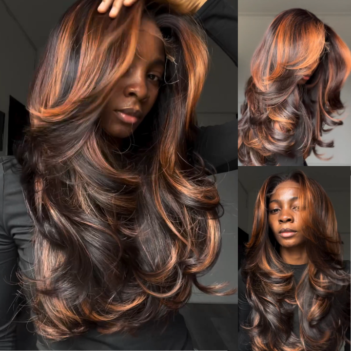 Highlight Ginger Brown 6x4/13x4 Lace Loose Wave Wigs with Curtain Bangs Human Hair Undetectable Clear Transparent Lace Wigs