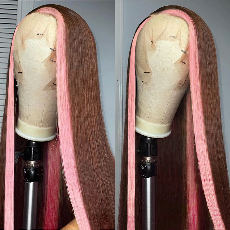 Highlights Strawberry Pink & Chocolate Skunk Stripe Colored Lace Front Wig-Amanda Hair
