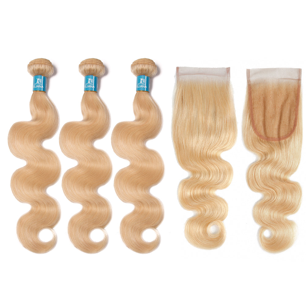 613 Golden Colored 3 Bundles With 4x4 Lace Closure Body Wave 100% Human Hair - Amanda Hair