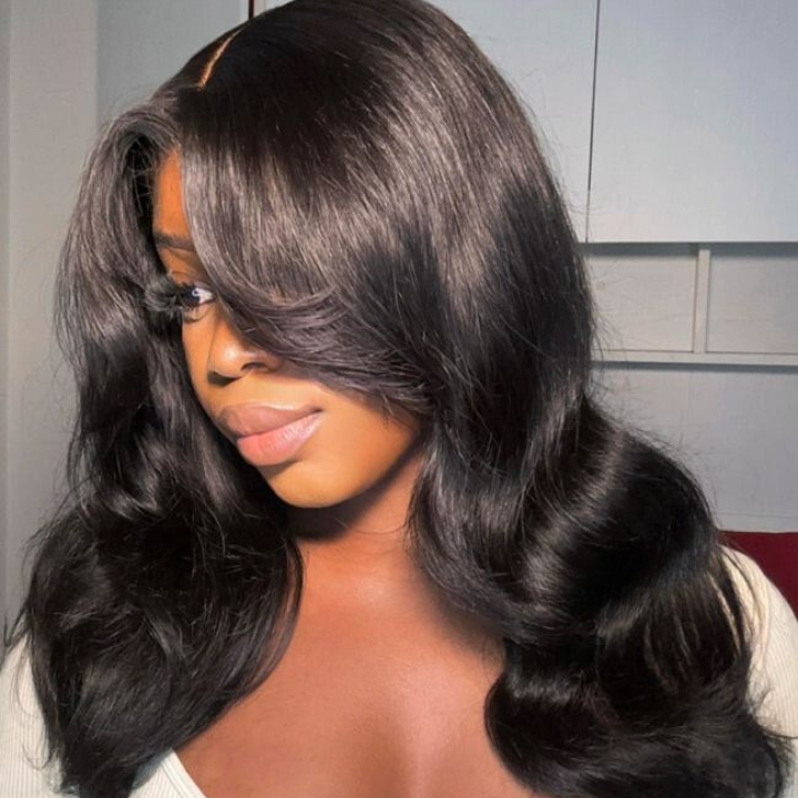 Glueless Body Wave Clear Transparent Lace Front Wigs with Curtain Bangs For Women-Amanda Hair