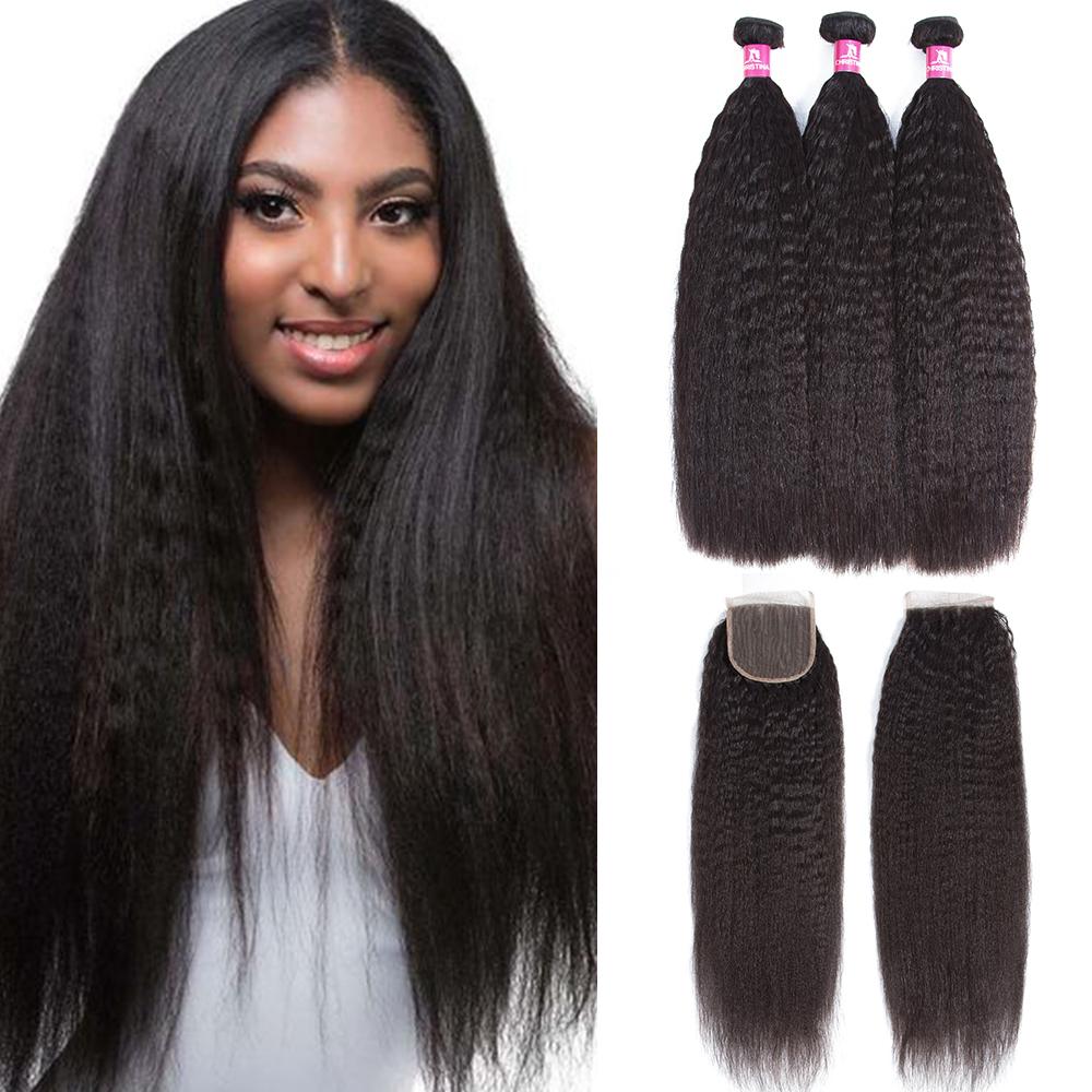 Brazilian Kinky Straight 3 Bundles With 4*4 Lace Closure 9A Unprocessed Human Hair-Amanda Hair
