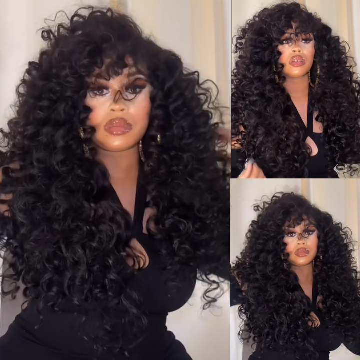 Bouncy Deep Wave Glueless Lace Wig Pre Cut Lace with Natural Hairline Mini Knots  Human Hair Clear Transparent Lace Front/Closure Deep Wave Wig Natural Black  - Amanda Hair