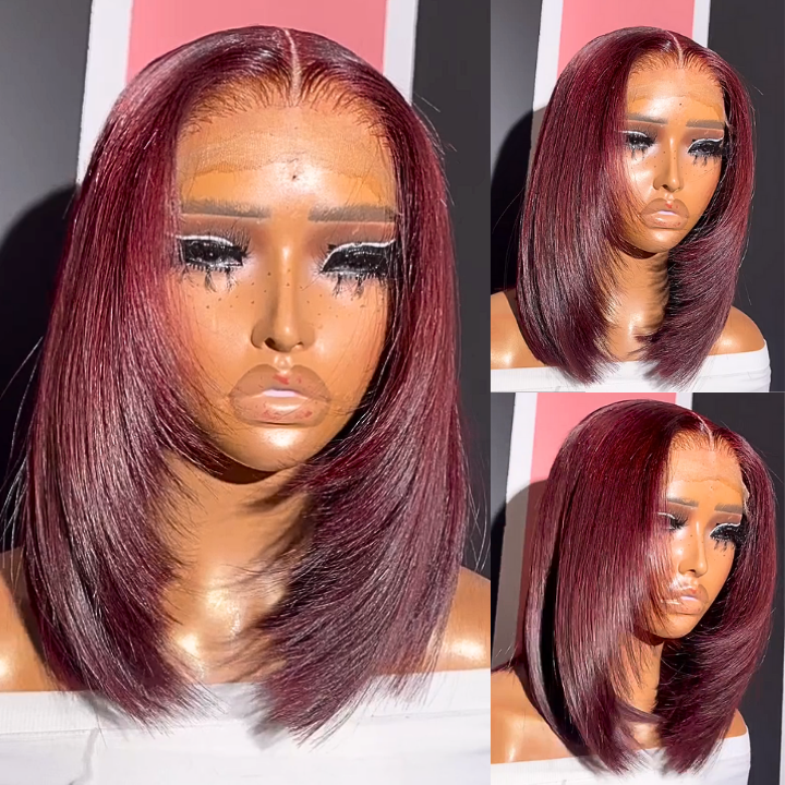 Extra 60% OFF | Flash Sale Glueless 99J Brazilian Straight Short Layer Bangs Bob Lace Wigs Transparent 13x4 Lace Pre Plucked Hairline  No Code Needed -Amanda Hair