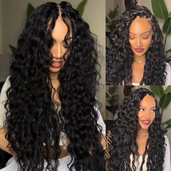 Glueless  Exquisite Long Loose Curls Human Hair Wig with Braided Parting, Natural Black 100% Human Hair - Clear Transparent Lace Front/Closure Wig- Amanda Hair