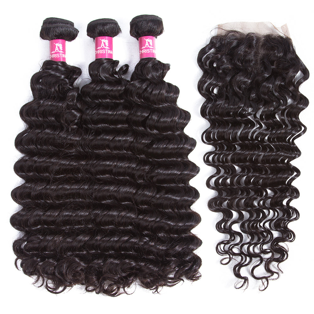 Amanda Peruvian Hair Deep Wave 3 Bundles With 4*4 Lace Closure 10A Grade 100% Remi Human Hair Hot Sell Wave Bundles Hair Extensions
