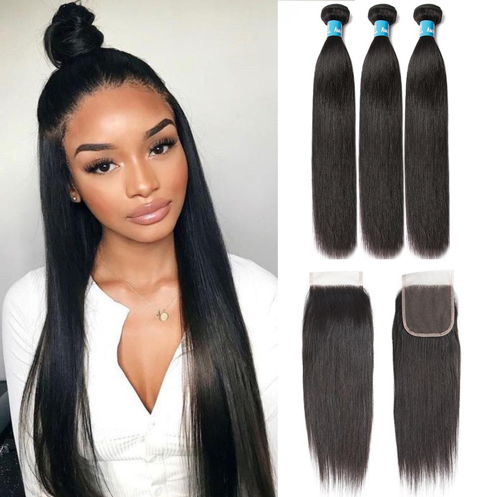 Brazilian Straight Hair 1/3 Bundles With 4*4 Lace Closure 9A Grade 100% Unprocessed Human Hair No Tangles Flash Sale