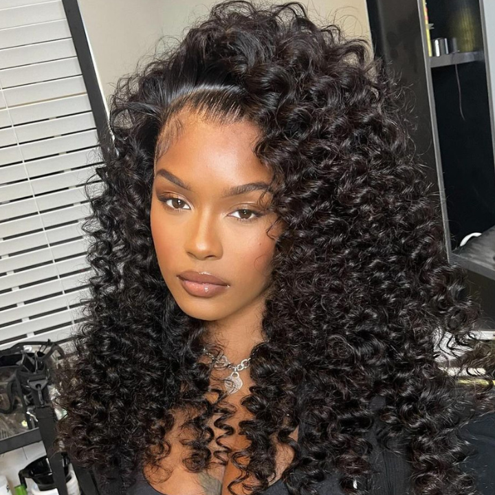 Glueless Lace Deep Wave Wig with Natural Hairline Mini Knots  Human Hair Clear Transparent Natural Black  - Amanda Hair