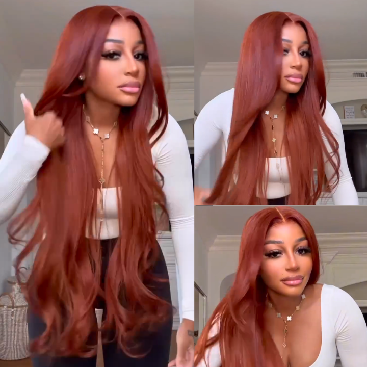 Tax Refund Season Up To 80% OFF | Body Wave Glueless Reddish Brown Natural 100% Human Hair Clear Transparent Lace Front Wig Flash Sale