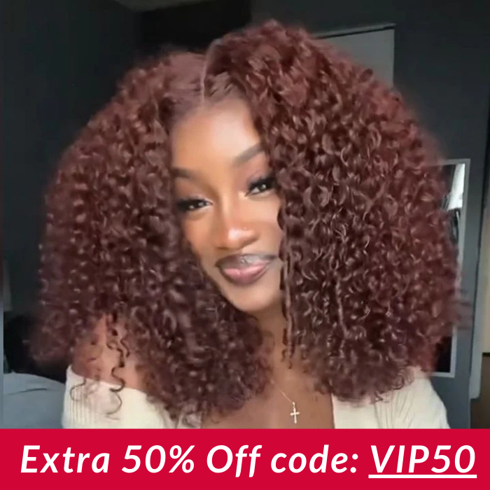 Extra 50% Off | Glueless Reddish Brown Thick Fluffy Afro Curly Human Hair Bob Lace Wigs