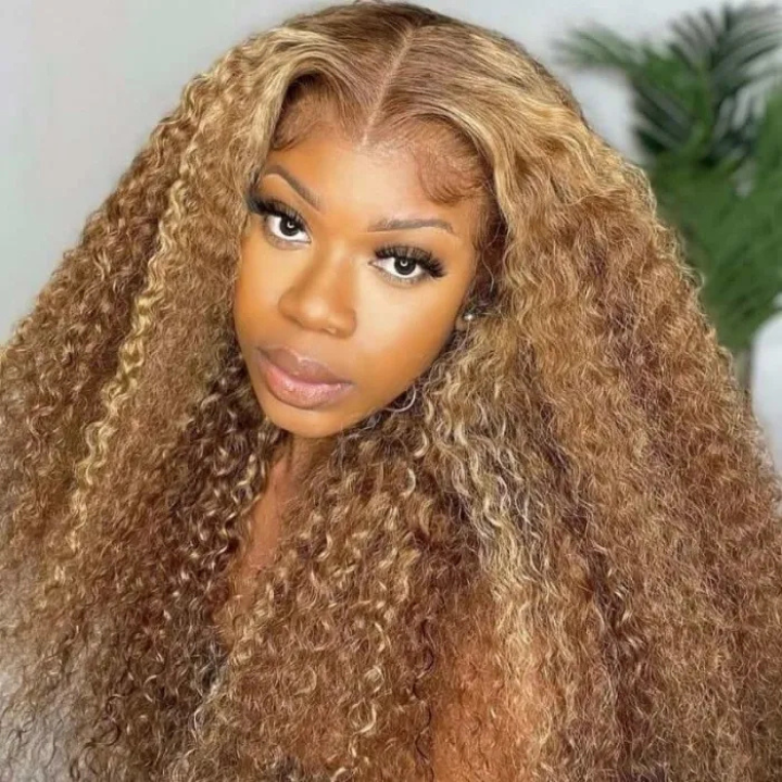 Honey Blonde Highlight Deep Curly Glueless Lace Human Hair Wigs Brown Roots Colored Wigs