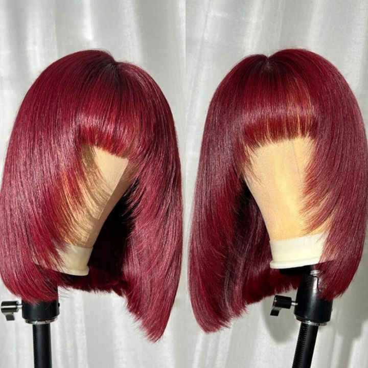 Extra 60% OFF | Flash Sale Glueless 99J Brazilian Straight Short Layer Bangs Bob Lace Wigs Transparent 13x4 Lace Pre Plucked Hairline  No Code Needed -Amanda Hair