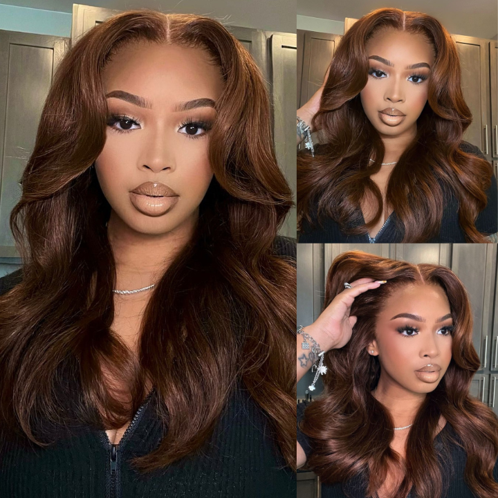 Chestnut Brown Loose Wave 7*5 Pre Cut Lace Wigs with Curtain Bangs Flash Sale