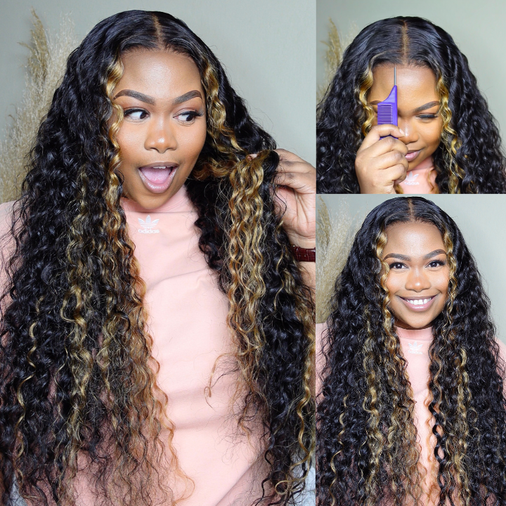 24H Fast Shipping Glueless Blonde Highlights on Luxurious Lace Frontal Deep Curly Wave Wig - Clear Transparent Lace Front/Closure Wig- Amanda Hair