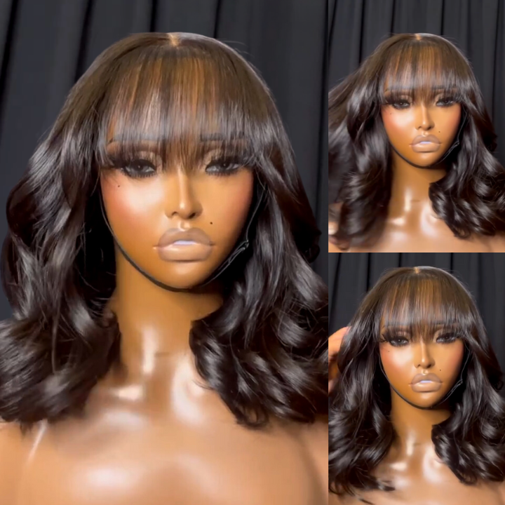 Glueless Loose Wave Natural Curtain Bangs Hair Clear Transparent Lace Front Wigs For Women-Amanda Hair