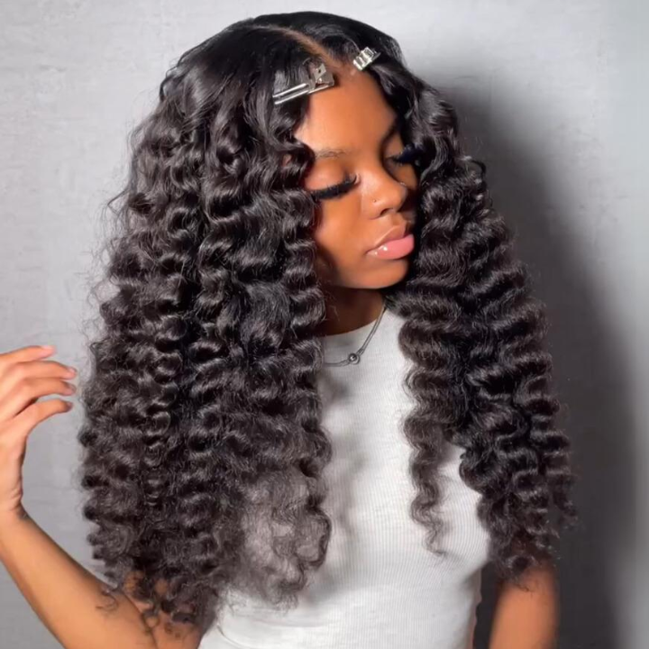 Loose Deep Wave Glueless Lace Wig Pre Cut Lace with Natural Hairline Mini Knots  Human Hair Clear Transparent Lace Front/Closure Wig Natural Black  - Amanda Hair