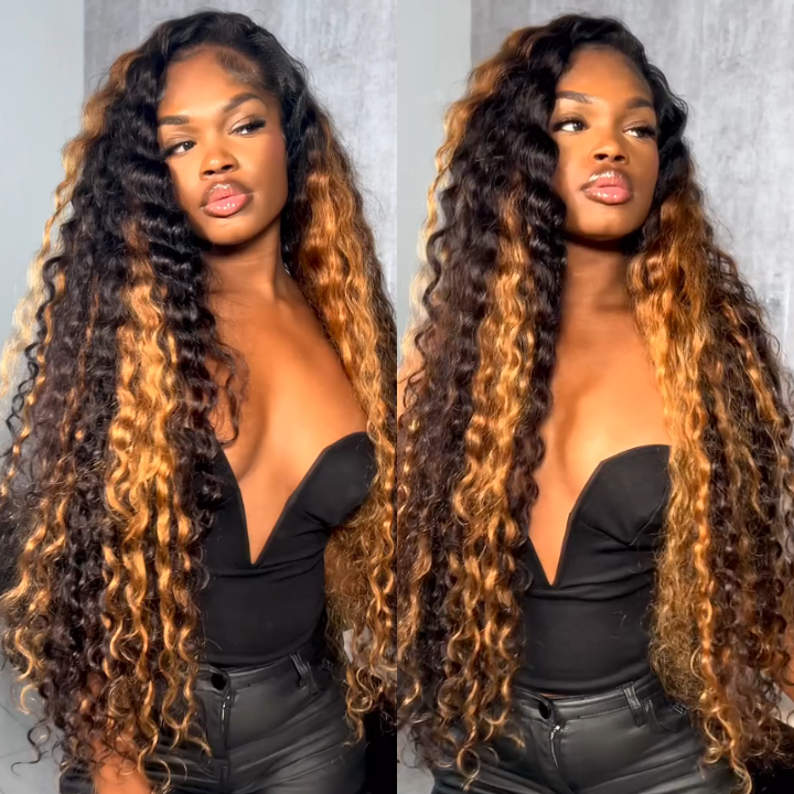 Highlight Golden Glueless Lace Front Wig Human Hair Loose Deep Wave Wigs Clear Transparent Front Wigs Human Hair Pre Plucked with Baby Hair Amanda Hair