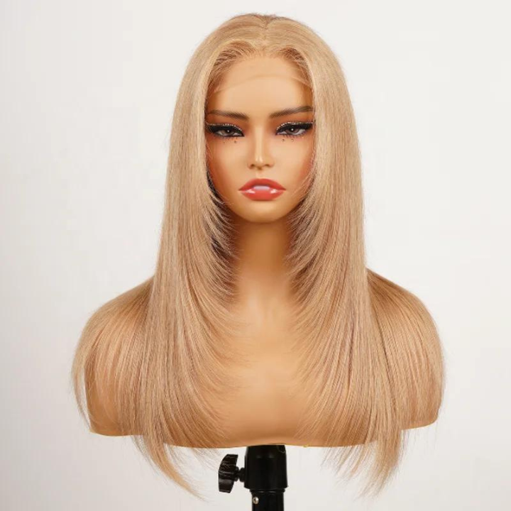 MaxPre 13x4 Glueless Butterfly Layered Haircut Yaki Straight Lace Wigs Nature Burmese Human Hair Wigs Throw On & Go Workout Wigs