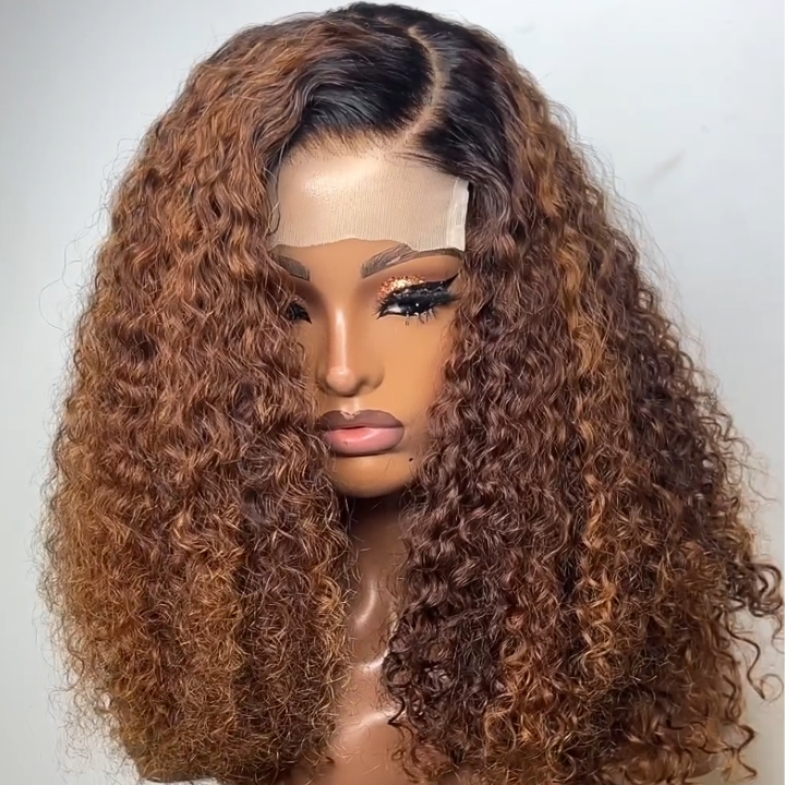 Glueless Curly 100% Human Hair Clear Transparent Lace Front Dark Root Brown Color Wigs For Women-Amanda Hair
