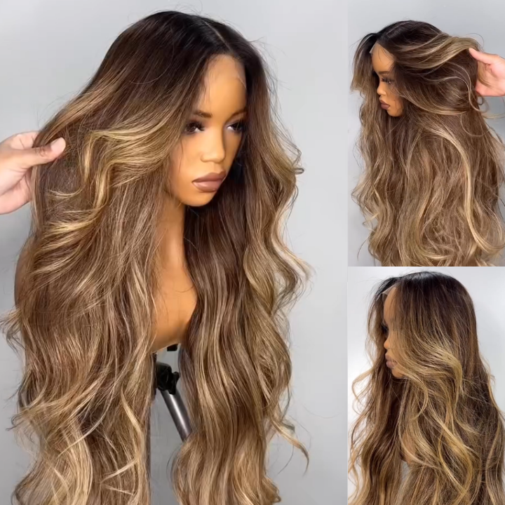 Extra 50% Off | Mix Brown Highlight Honey Blonde Loose Wave Hair Long Glueless Lace Front Wig