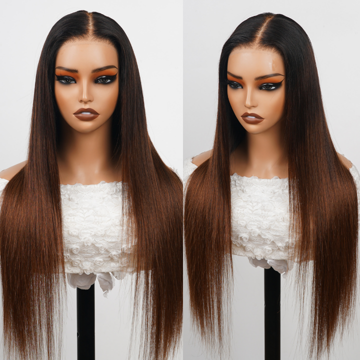 24H Fast Shipping Glueless Dark Root  Ombre Brown Lace Front Straight Wig 100% Human Hair - Clear Transparent Lace Front/Closure Human Hair Wig- Amanda Hair