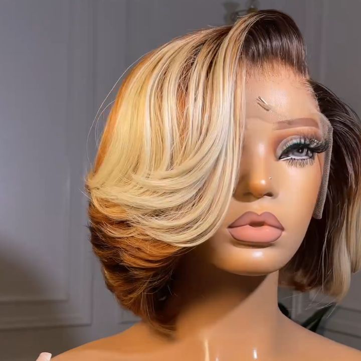 Ombre Brown To 613# Brazilian Short Layer Bob Body Wave Glueless Lace Wigs TransparentStunning Gradient Lace Frontal Wig Pre Plucked Glueless Lace Wigs No Code Needed -Amanda Hair