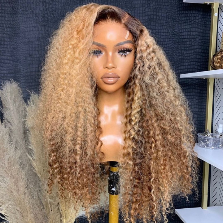 Highlight Color Honey Blonde Curly HD Transparent Lace Front/Closure Wig With Brown Roots- Amanda Hair