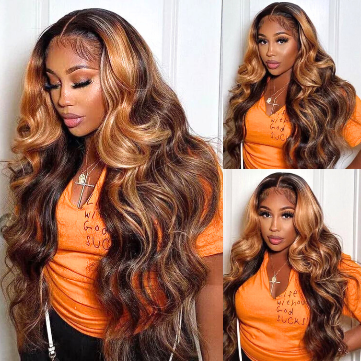 Highlight Honey Blonde Body Wave Brown Clear Transparent Lace Front Ombre Colored Wigs Plucked Virgin Natural 100% Human Hair For Women-Amanda Hair