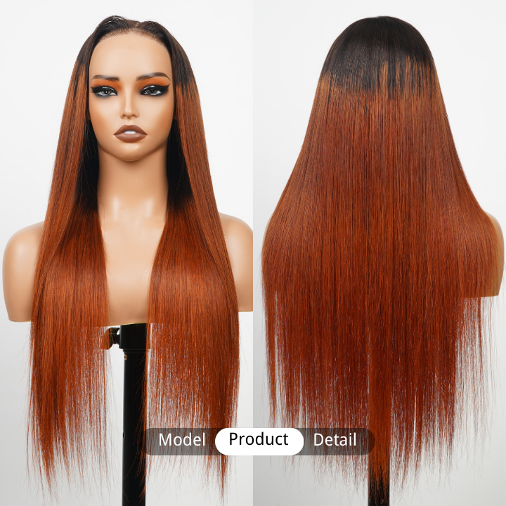 Dark Root Ombre Ginger Human Hair Transparent Glueless Lace Front Straight Colored Wigs-Amanda Hair