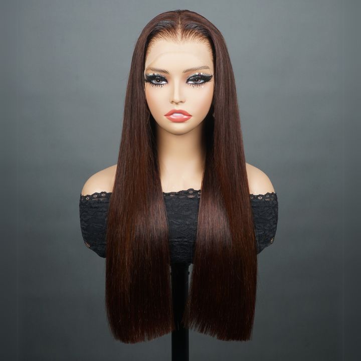 11A Highlights 100% Human Hair Full Density Perfect Finish Glueless Closure/Front Brown Colored Straight Human Hair Wig- Amanda Hair