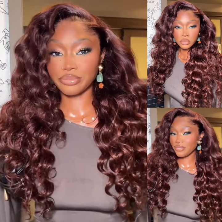 Glueless Loose Deep Wave Lace Wig with Natural Hairline Mini Knots  Human Hair Clear Transparent Lace Front/Closure Reddish Brown Colored Wig - Amanda Hair