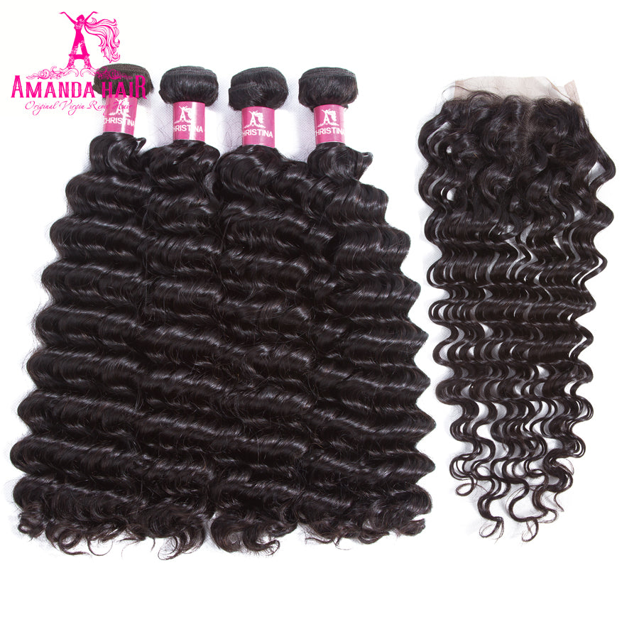 Deep Wave Brazilian Hair 4 Bundles With 4*4 Lace Closure 10A Grade 100% Remi Human Hair - Amanda Hair