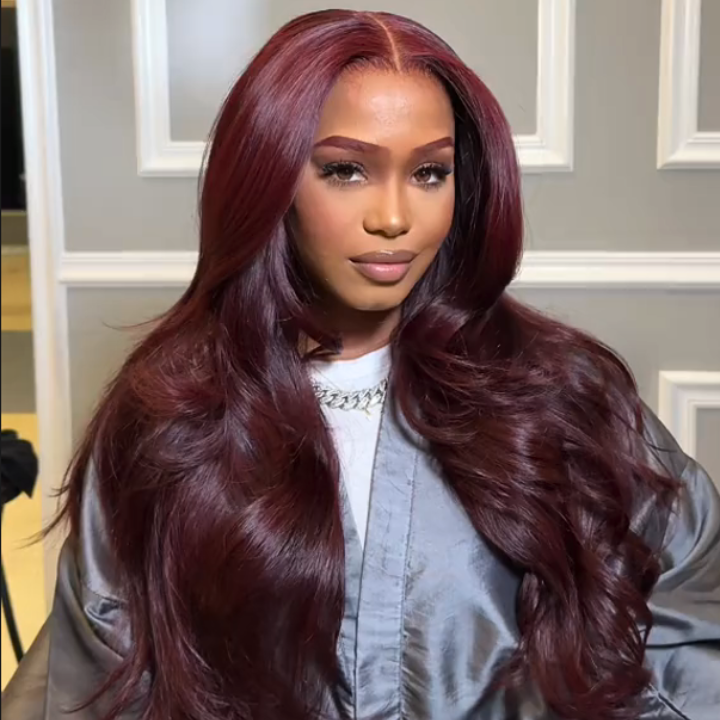 Glueless Lace Frontal Layer Body Wave Wig Human Hair Wigs Dark 99J Burgundy Red Colored Transparent Pre Plucked Hairline  - Amanda Hair