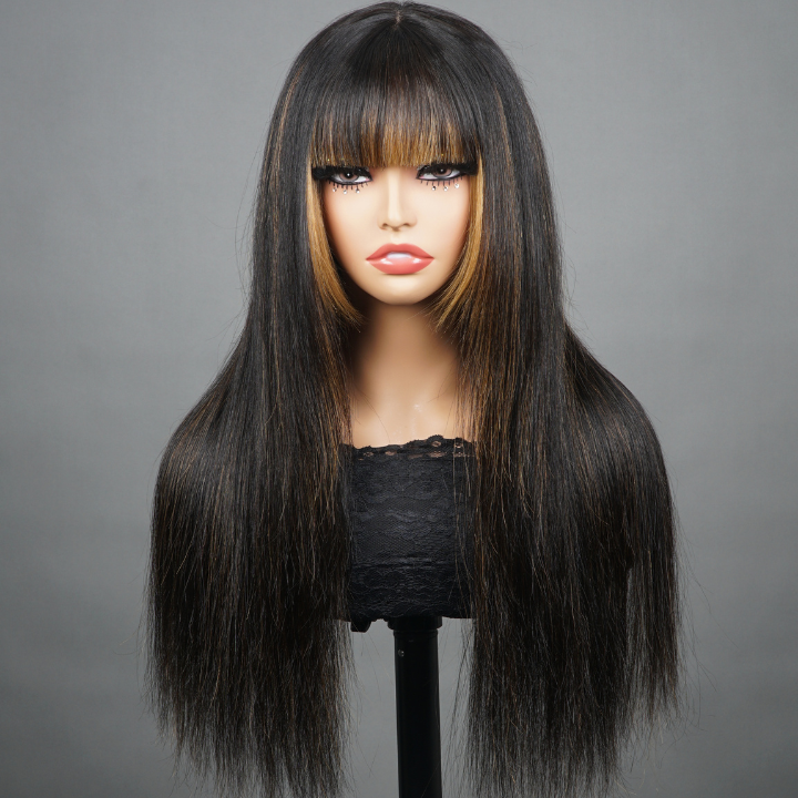 Highlight Blonde Layer Cut  Straight Glueless Clear Transparent Lace Frontal Wig with Bangs Human Hair - Amanda Hair