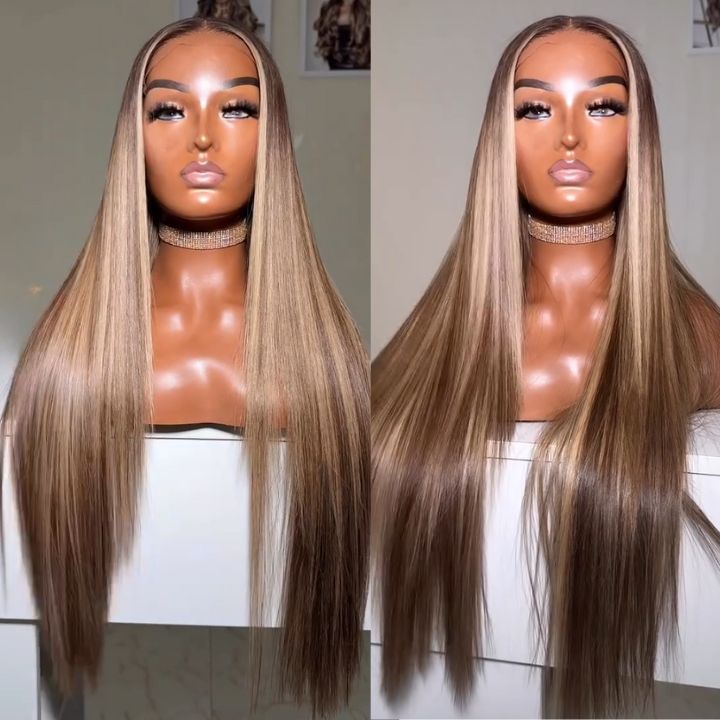 Highlights Light Blonde Mix Chocolate Brown Hair Dark Roots Full Density Glueless Closure/Front Colored Straight Wig- Amanda Hair