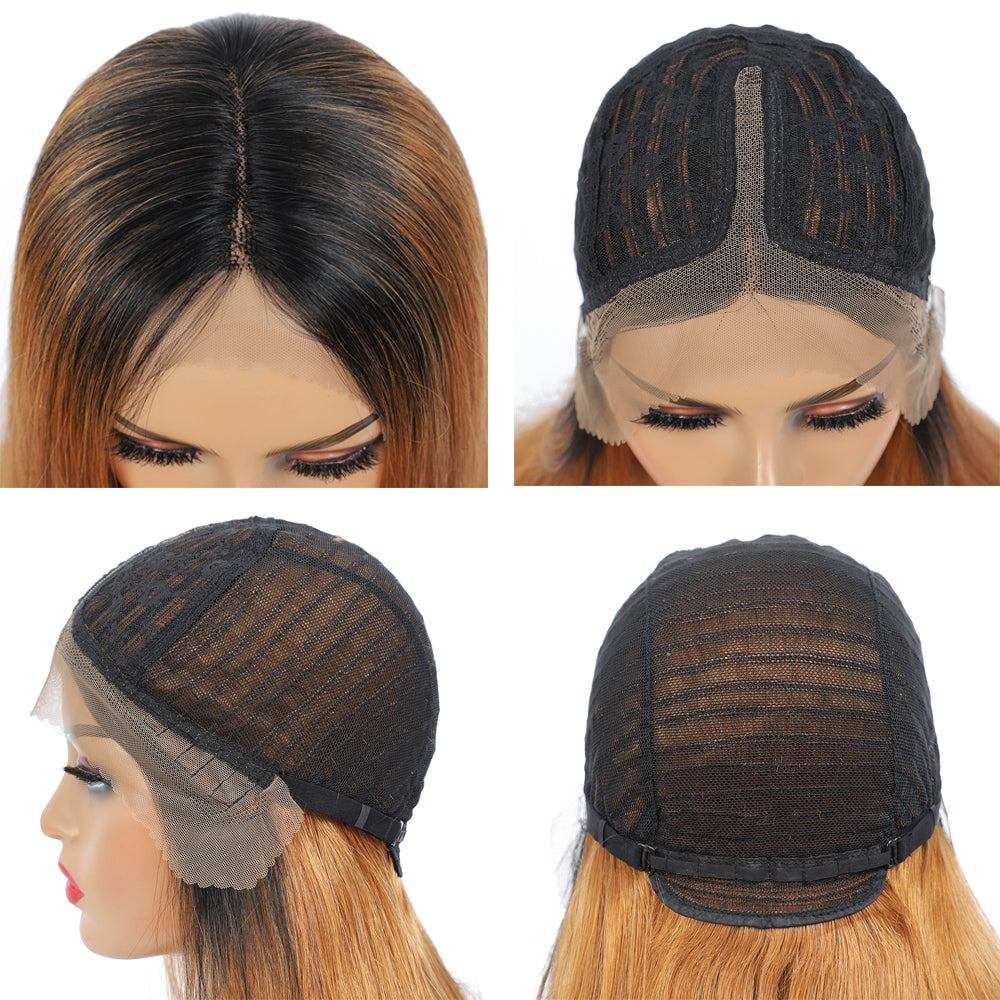 Straight Hair Blonde Highlight Bob Wig T Part Lace Frontal Short Bob Wigs 180% Density-Amanda Hair