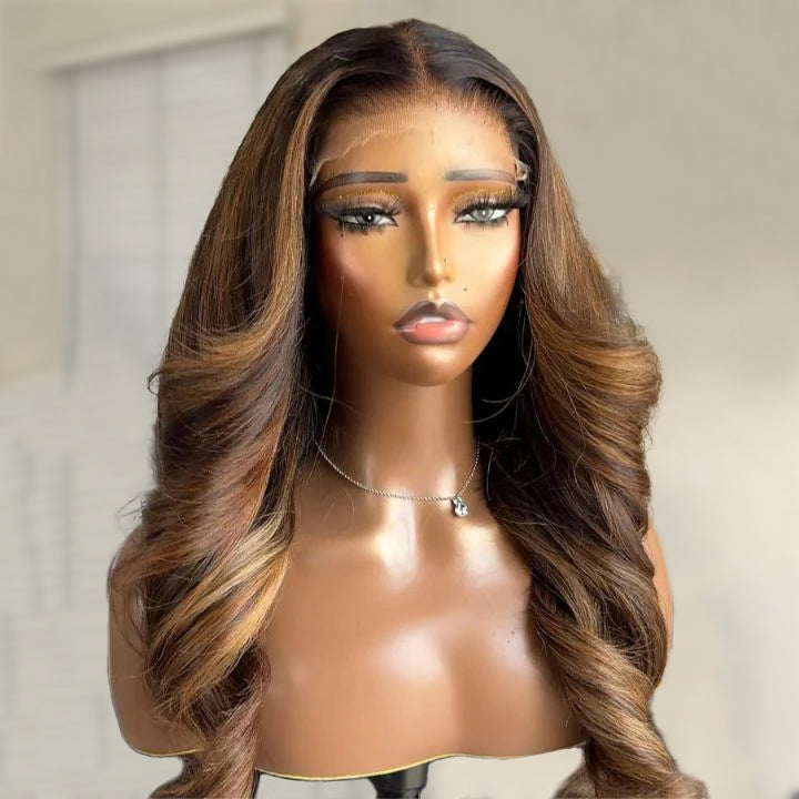 Highlight  Blonde Mix Brown Glueless Body Wave Human Hair Clear Transparent Lace Front Colored Wigs For Women-Amanda Hair