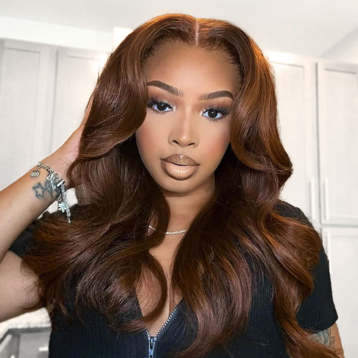 Chestnut Brown Loose Wave Human Hair Wigs with Curtain Bangs Glueless Lace Front Colored Wig For Black Women-Amanda Hair