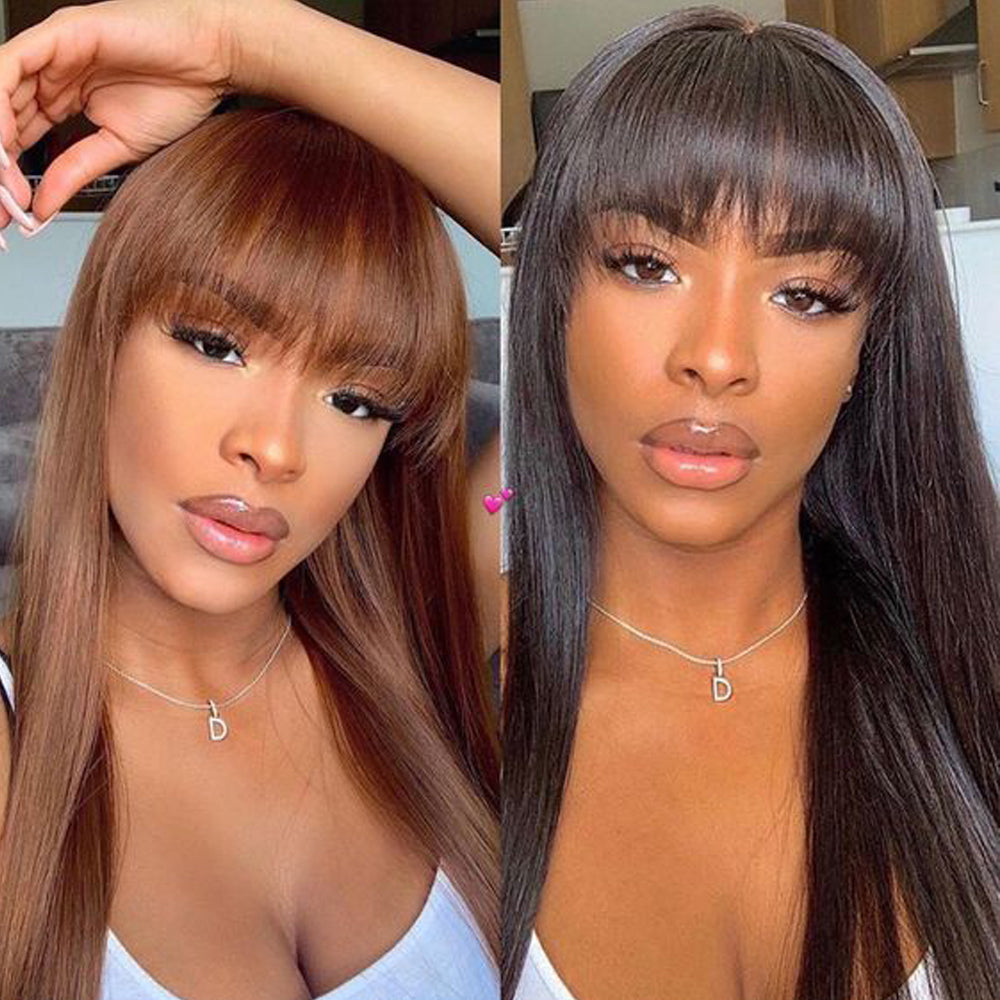 Flash Sale Buy 2 Get 1 Free Silk Straight Wigs With Bangs Machine Made Virgin Brazilian Hair Wig