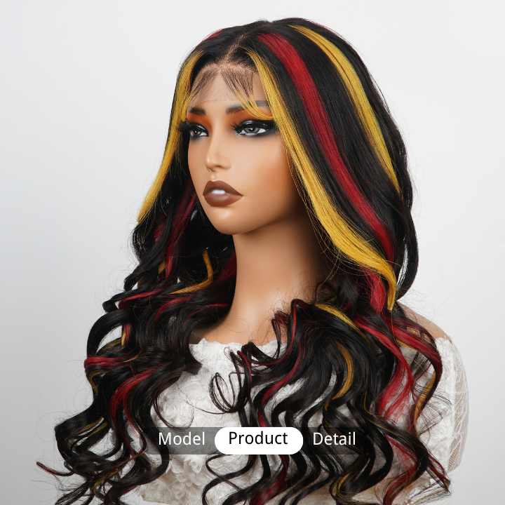 Highlight Red & Yellow Transparent  Lace Front Loose Wave Colored Wigs Human Hair -Amanda Hair