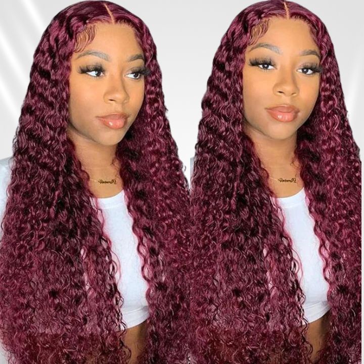 Burgundy Lace Front Wig 99J Curly Human Hair Wigs Colored HD Transparent 13X4 Lace Frontal Wig Preplucked Red Hair Wig No Code Needed -Amanda Hair