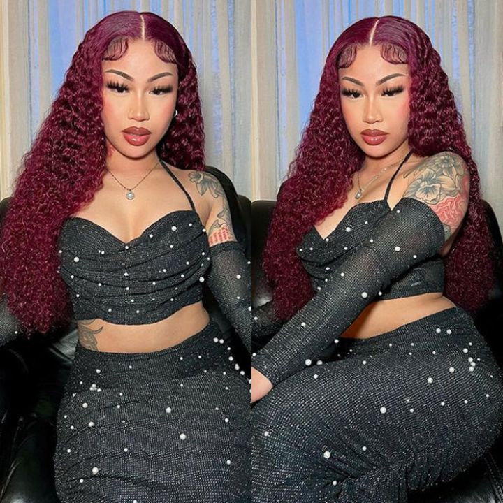 Burgundy Lace Front Wig 99J Curly Human Hair Wigs Colored HD Transparent 13X4 Lace Frontal Wig Preplucked Red Hair Wig No Code Needed -Amanda Hair