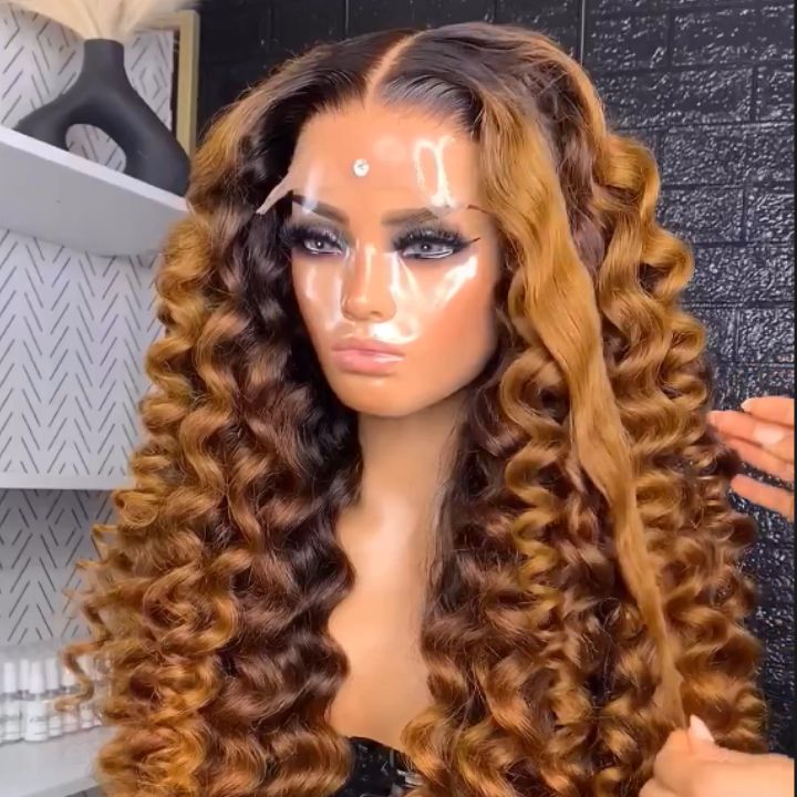 Flash Sale Extra 50% Off Code: VIP50 ,  Caramel Brown Water Wave Lace Front Human Hair Wig Dark Root Lace Front Ombre Color Wig for Women-Amanda Hair