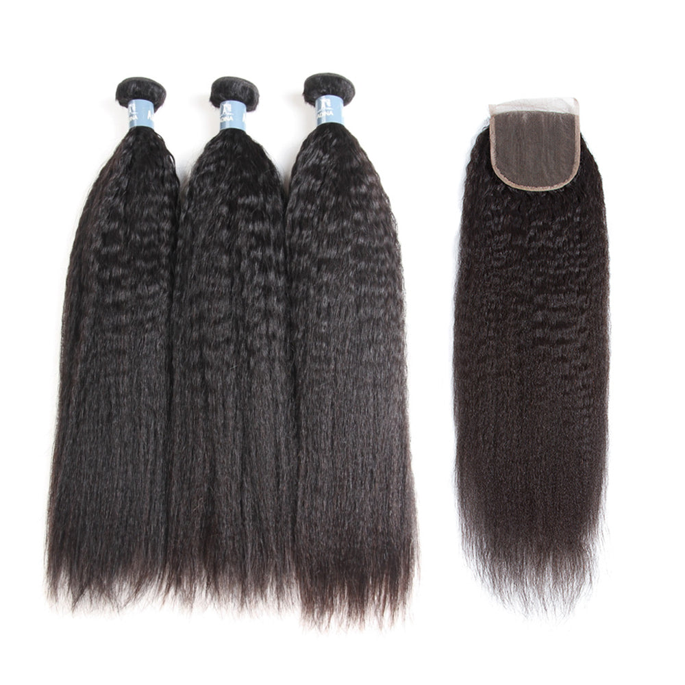 Amanda Mongolian Hair Kinky Straight 3 Bundles With 4*4 Lace Closure 9A Grade 100% Unprocessed Human Hair