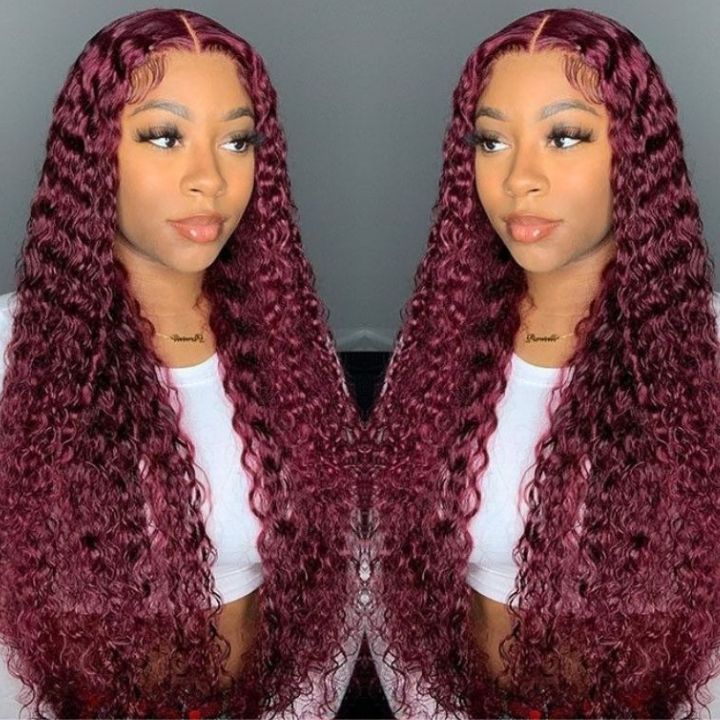 Glueless Burgundy Lace Front Wig 99J Curly Human Hair Wigs Colored HD Transparent 13X4 Lace Frontal Wig Preplucked Red Hair Wig-Amanda Hair