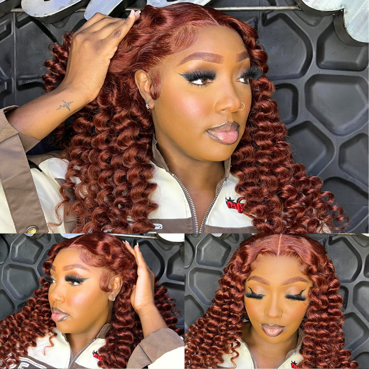 Copper Brown Spanish Curly Tranparent Lace Wigs Deep Hairline 100% Human Hair Auburn / Reddish Brown Lace Front Wigs-Amanda Hair
