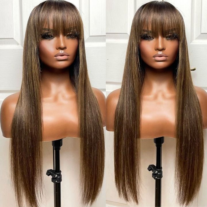Flash Sale Extra 50% Off Code: VIP50 ,Glueless Transparent Lace Closure Straight Wigs with Cute Bangs Human Hair 5x5 Lace Part Highlight Colored Light brown Mix Warm Blonde Wig-Amanda Hair