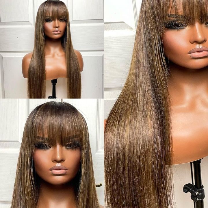 Flash Sale Extra 50% Off Code: VIP50 ,Glueless Transparent Lace Closure Straight Wigs with Cute Bangs Human Hair 5x5 Lace Part Highlight Colored Light brown Mix Warm Blonde Wig-Amanda Hair