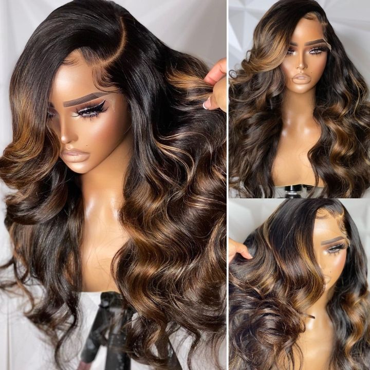 Flash Sale Extra 50% Off Code: VIP50 ,Balayage Light Brown Glueless Transparent Lace Closure Body Wave Wigs Human Hair 5x5 Lace Part Highlight Colored Wig-Amanda Hair